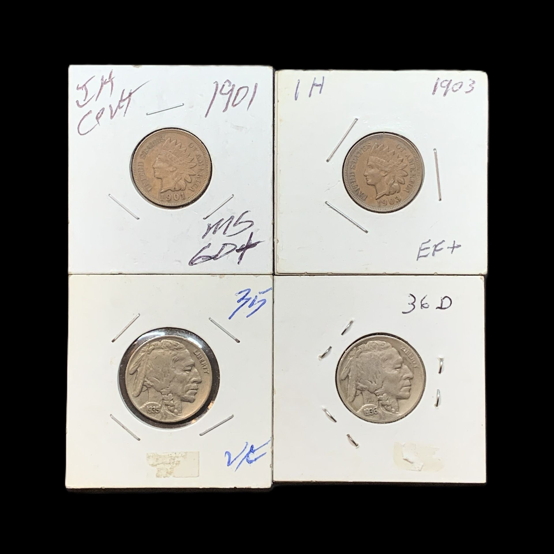 (4) High Grade Old Indian Head Pennies & Buffalo Nickels