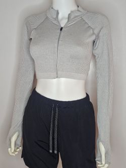 Workouts By Katya Gray Ribbed Zip-Up Crop Top Size S