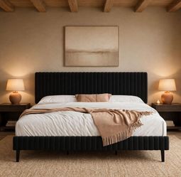 King Upholstered Bed Frame, Adjustable Headboard, Black
Velvet & metal frame, easy assembly, no box spring needed, vertical channel tufted black desig