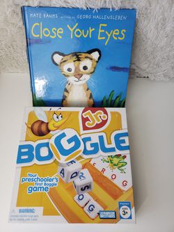 Jr Boggle game and Close your eyes book
