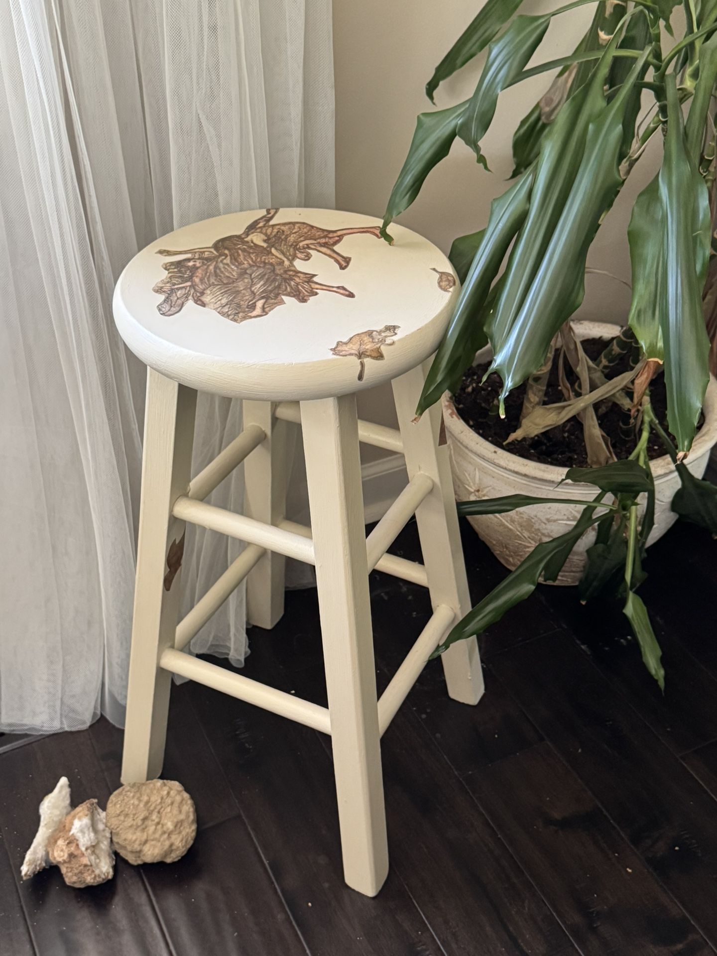 Unique Hand-Painted Wooden Stool with Vintage Art