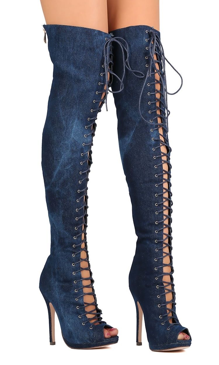 New Women Liliana Opus-1A Denim Thigh High Peep Toe Lace Up Stiletto Boot