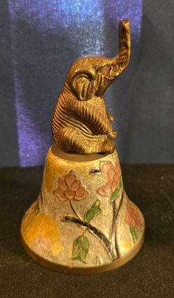 Vintage 5" Brass Elephant Hand Bell – Enameled Floral Decor
