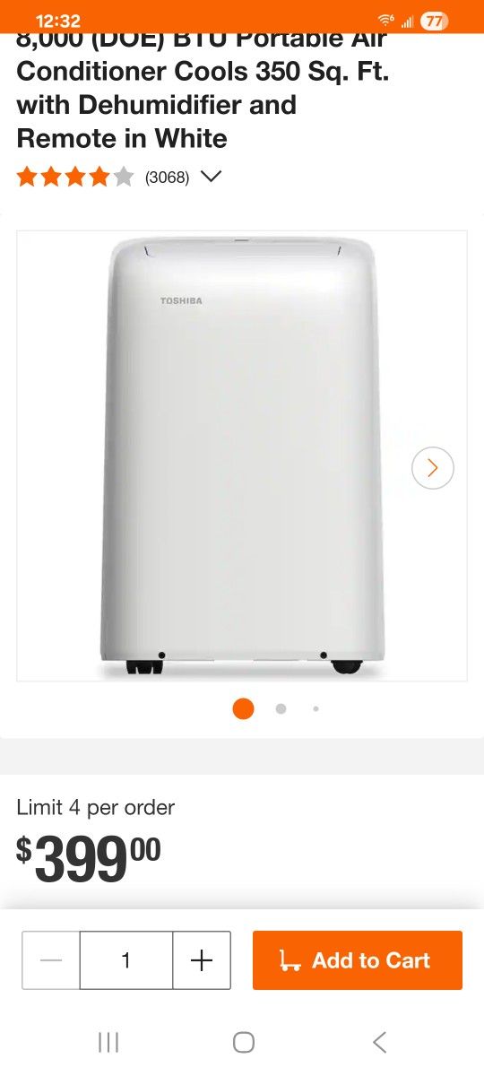 Toshiba
8,000 (DOE) BTU Portable Air Conditioner Cools 350 Sq. Ft. with Dehumidifier and Remote in White