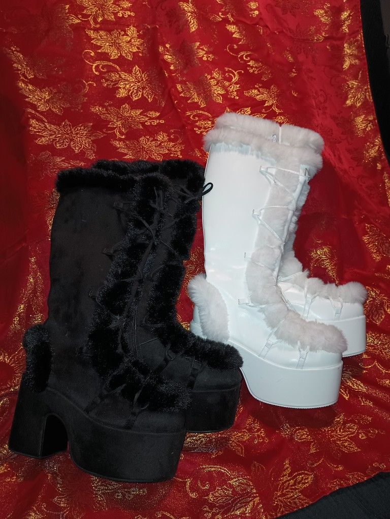 Black And White Fuzzy Flux Platform Boots Bundle