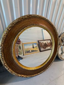 32.5” Ornate Round Wall Mirror - Gold and Walnut Tone Traditional Accent