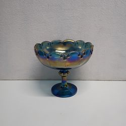Indiana Glass Vintage Blue Carnival Iridescent Rainbow Compote Pedestal Bowl