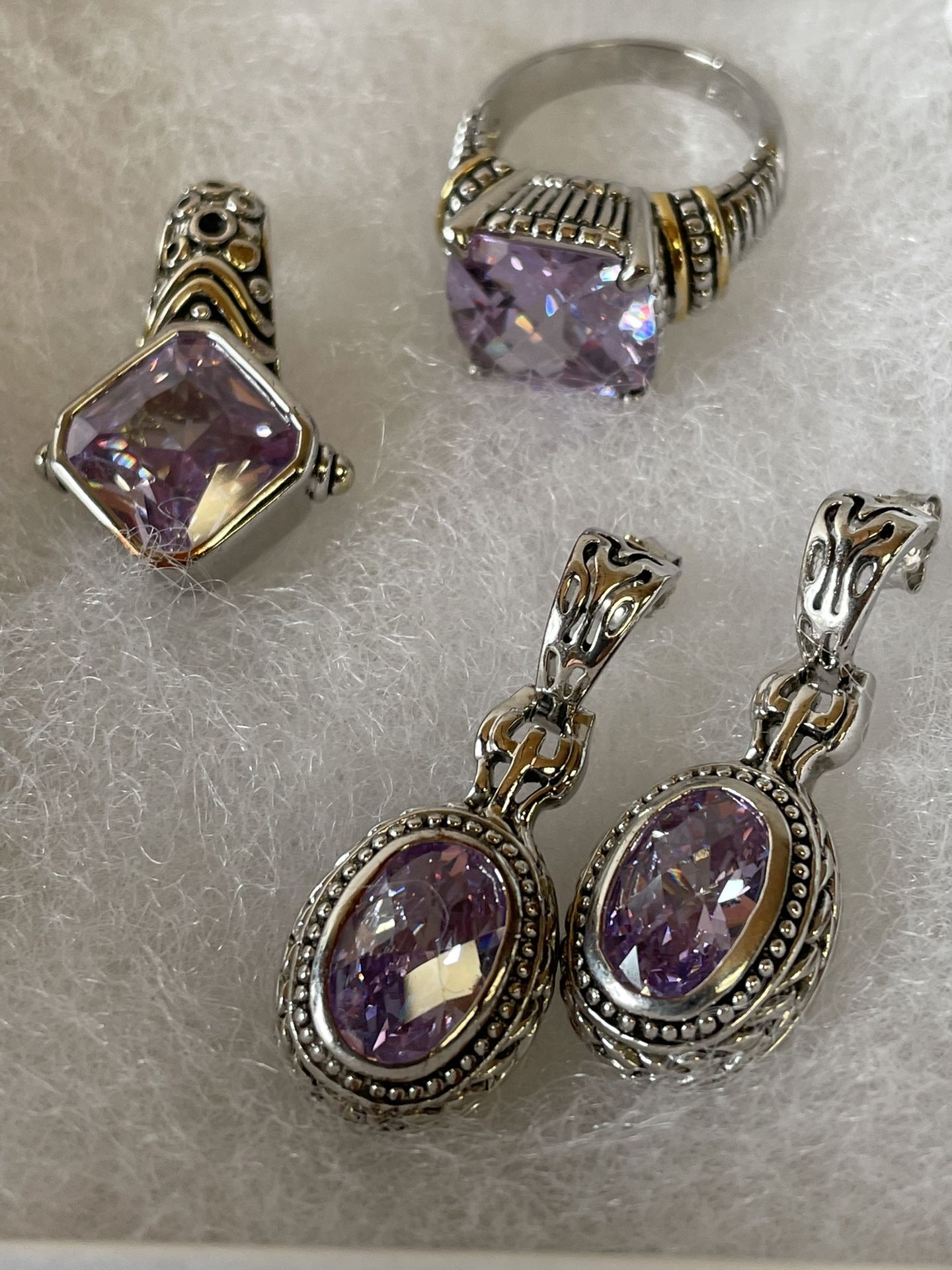 Pink Quartz Pendant Earrings And Ring Sz 8.25 AMG design 925 18k GE Jewelry Set