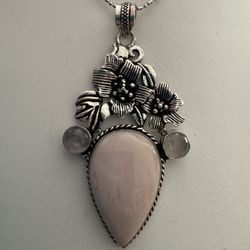 EUC Large Peruvian Pink Opal Stone w/Rose Quartz Accents on .925 Chain 
