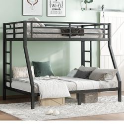 Bellemave Twin Over Full Bunk Beds for Adults,Heavy Duty Adult Bunk Beds,Metal Bunk Bed Twin Over Full with 2 Ladders for Kids,Teens,Noise-Free,Black