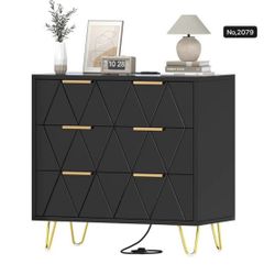 3 Drawer Wide Nightstand with Charging Station, 27.6 Inch Wood Nightstand, Dresser with Storage Drawers, Bedside Table with Metal Handle & Leg, Black