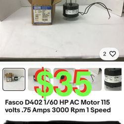 Fasco D402 1/60 HP AC Motor 115 volts .75 Amps 3000 Rpm 1 Speed