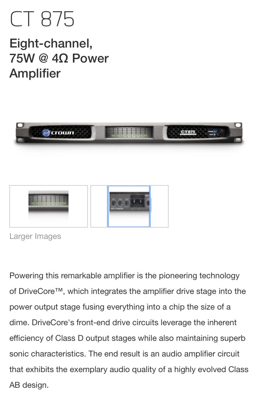 Crown CT 875 8-channel 75w  Drivecore Power Amplifier 