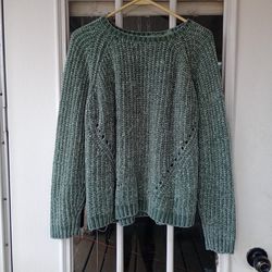 Poof NY Light Olive Green Chenille Knit Pullover Sweater Large Soft Women's