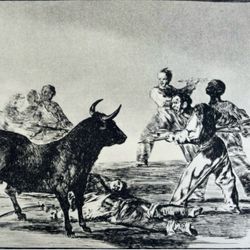 Mob Bullfighting Original Antique Vintage Fine Art GOYA Print of Etching 1960’s Spain Printed Collectible Bull Fighting
