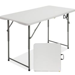 VINGLI 4 FT Plastic Folding Camping Table,3-Level Adjustable Height, Portable in/Outdoor Party Picnic Dining Desk,Off-White Garden Soccer Multipurpose