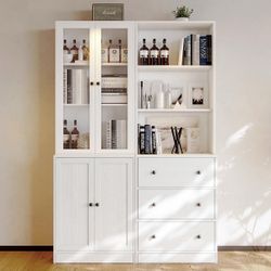 Set of 2pcs Book Cabinet Storage Bookcase, 71inch white color bookcase with glass