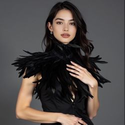 Black Witch Feather Collar Crow Shawl Costume Halloween Swan Wings Accessories Cape for Women