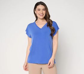 Susan Graver Essentials Knit Extended Sleeve V-Neck Top Toucan Blue, X-Large
