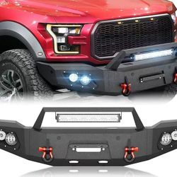 Front Bumper Compatible with 2018 2019 2020 Ford F150 (Excluding Raptor) Heavy Duty Pickup Truck Bumper with Winch Plate, Sensor Holes, 5 x LED Lights