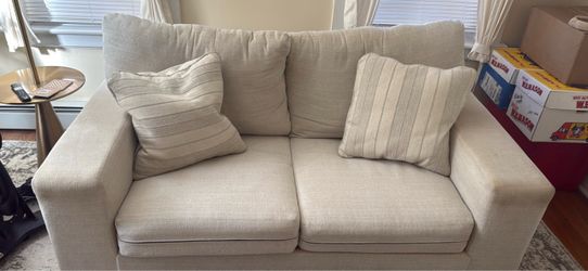 Beige Fabric Loveseat with Throw Pillows