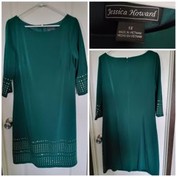 Women's hunter green dress featuring gold studded embellishments on the cuffs and hem Size 12