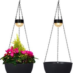 BAYN 2 Packs Solar Hanging Basket Planters for Plants Outdoor Self Watering, Black Flower Pots with Solar Light , Hanging Planters with Drainer for Ba