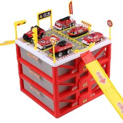 Complete Fire Station Parking Garage Playset + 6 Die‑Cast Rescue Cars — Kids Toy