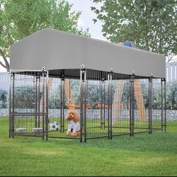 Dog Kennel Outdoor with Roof, 4.23'x5.82'x4.83' Welded Wire Enclosure, Heavy Duty Dog Crate with UV-Resistant Waterproof Cover, Double Lock & Rotating
