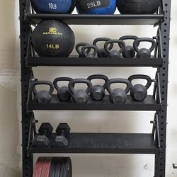 9ft tall commercial grade dumbbell storage rack wall balls bumper plates kettle bell gym equipment