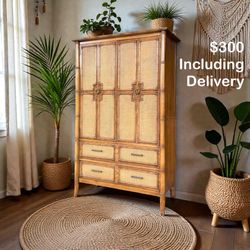 ✨ Vintage Boho Thomasville Bamboo & Cane Armoire – Free Delivery
