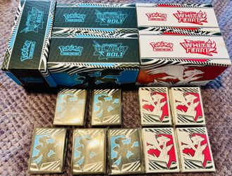 Pokemon White Flare Reshiram & Black Bolt Zekrom New Empty ETB Boxes & Card Sleeves