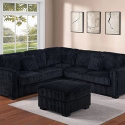 ✅️✅️4 pc black corduroy fabric upholstered sectional sofa with ottoman✅️✅️