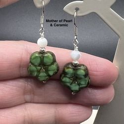 Mother of Pearl (Genuine) & Ceramic Flower Handmade Earrings