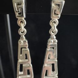 Sterling Silver Greek Key Dangle Drop Earrings 