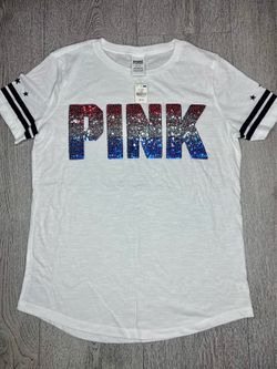 Victoria's Secret PINK White Fourth Of July T-shirt with Red White & Blue Sequins NEW