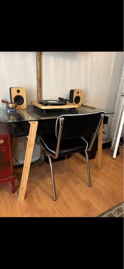 Modern Glass Desk with Wood Legs