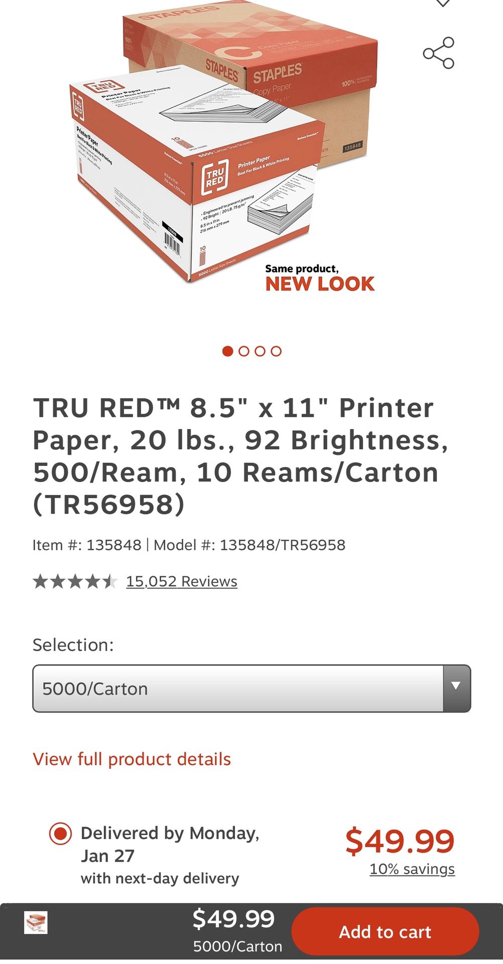 Staples Printer Copy Paper 10 reams/carton