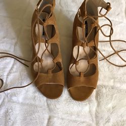 ZARA SUEDE TAN LACE UP WEDGES SIZE 8