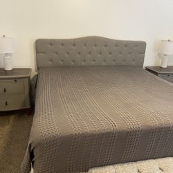 Gray Upholstered Tufted King Headboard, Nightstands & Lamps Set