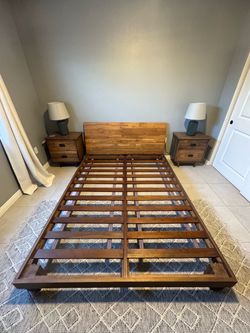 Solid Wood Queen Platform Bed Frame with Headboard