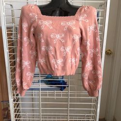 New Worn Willow & Wind  Pink Sweater With White Bows