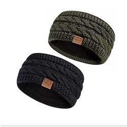  Winter Headbands for Women Wool 2 Pack, Ear Warmers for Women Headband Knit Thick Fleece Lined, Cold Weather Warm Ear Muffs
