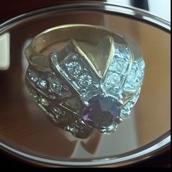 Vintage 14 kt GE Cluster Clear Rhinestone and Central Purple Red Rhinestone Ring