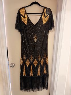 Black & Gold Gatsby Dress with Sequins & Fringe