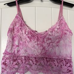 Pink Tie-Dye Lace Bralette Crop Top – Boho Festival Style Cami with Crochet Lace Hem - Small