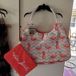 Large New Beach Tote W Wet Suit Zippered Pouch