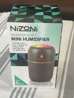 Nizoni Mini Humidifier. Whisper Quiet, 2 misting modes, color change LED, USB Powered