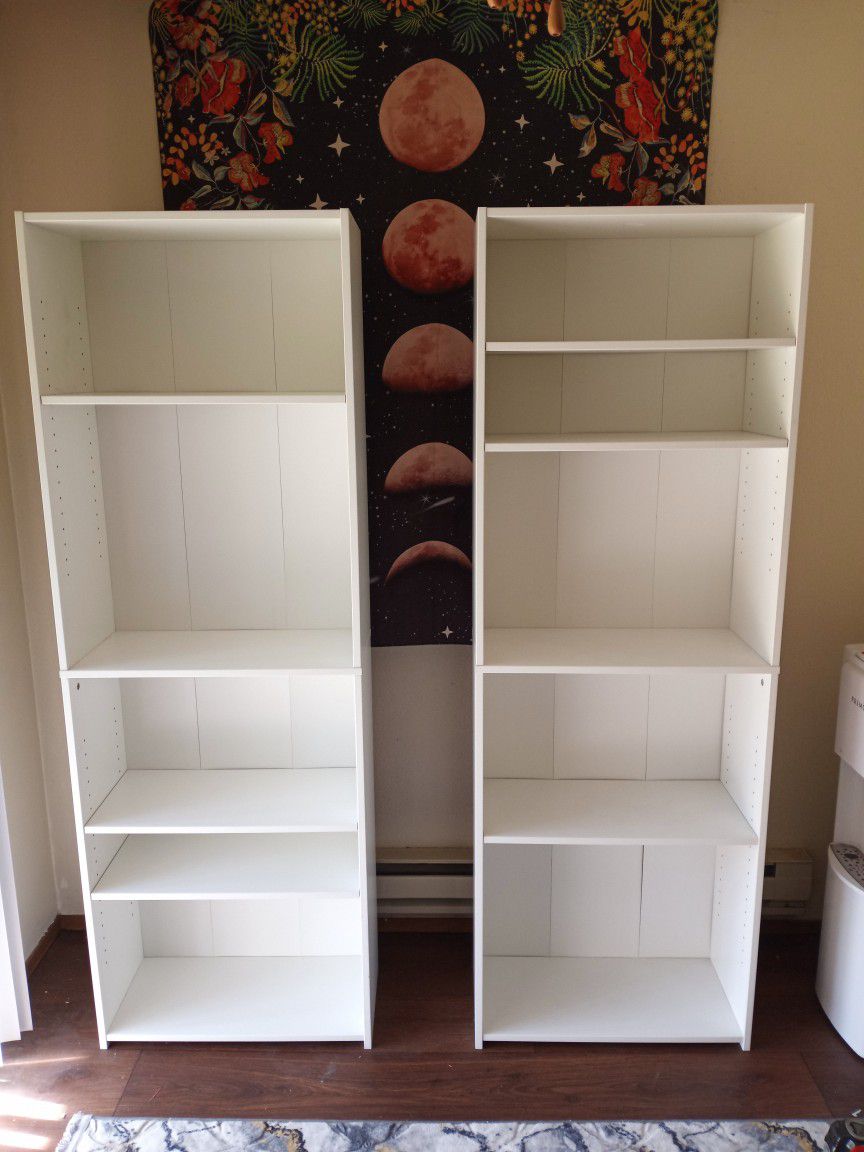 Two Tall White Adjustable 5-Shelf Bookshelf/Bookcases