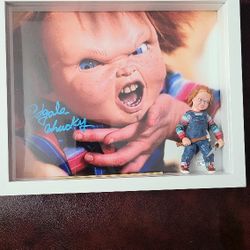 ED GALE " CHUCKY " SIGNED 8X10 PHOTO WITH NECA FIGURE 